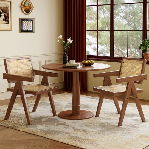 BOAENK Wooden Dining Chairs Set of 2, Mid Century Modern Rattan Dining Chairs, Comfy Armchairs, Outdoor Chairs with Accent Chair Bedroom Living Room for Reading Room Dining Kitchen (Walnut, Set of 2)