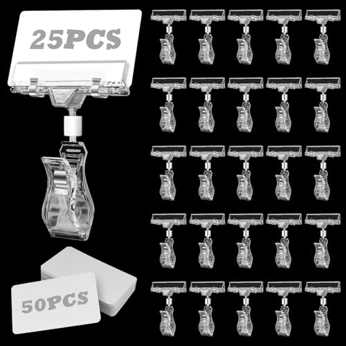25 Pièces Porte Etiquette De Prix Rotatif avec 50 Etiquette Prix, Plastique Transparent Pince Etiquette, Clips D'étiquettes De Prix, pour Affichage De Prix en Supermarché, Mémo et Cartes De Visite
