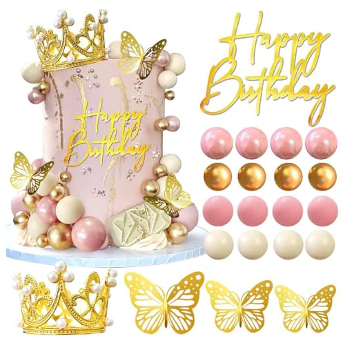 XFSRG 39 Pezzi Topper Torta Set Corona Farfalle Palloncini Cake Topper Decorativi Accessori per Compleanno Festa Matrimonio(Ororosa)