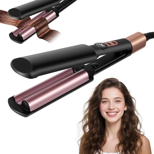 Welleneisen für Haare, Mini Welleneisen für Beach Waves mit 5 Temps 140-220℃, Keramik Glätteisen, 2 Fässer Tragbarer Hair Curler Wellen Lockenstab mit Hitzeschutz und Reisesicherung für Damen