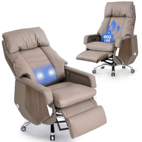 EMIAH Bürostuhl mit Armlehne Ergonomischer Schreibtischstuhl mit Fußstütze und Lendenwirbelstütze Executive Massage Chefsessel Bequem Liegefunktion Elektrischer Rollender Leder Computerstuhl (Khaki)