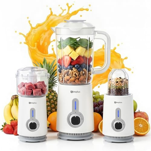 SIMPLUS 3-in-1 Standmixer & Smoothie Maker mit 1,25L Mixbecher, 500ml Fleischwolf & 300ml Mahlbecher, 3 Geschwindigkeitsstufen mit Pulsfunktion, Edelstahlmesser
