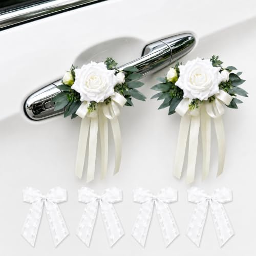 Solivive 2 Stück Hochzeit Autoschleifen,Hochzeits Künstliche Blume mit Saugnäpfen,Hochzeitsdeko,Geeignet für Auto-Rückspiegel Türgriff und Stuhlsitze bei Hochzeiten(Weiß)
