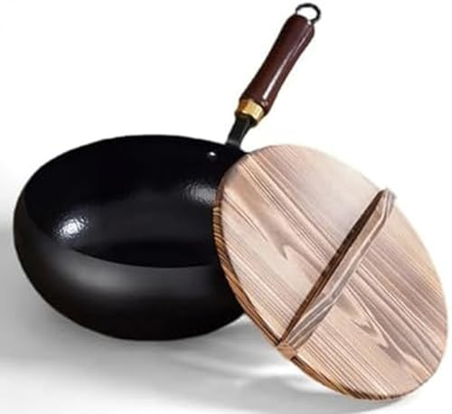 Gjutjärnspanna, multifunktionell wok, handsmide non-stick järnwok med lock, icke-belagd järnpanna (A,24 cm/9,4 tum)