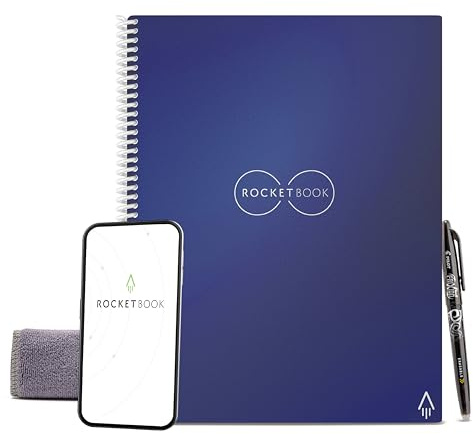 Rocketbook Core Wiederverwendbares Digitales Notizbuch - Executive A4 Blau - Elektronischer Notizblock mit Punktraster - Wiederbeschreibbar mit inkl. Pilot Frixion Stift und Mikrofasertuch