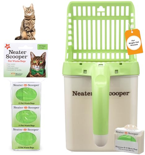 Neater Pet Brands Neater Scooper Standard Cat Litter Scoop, 60 Refill Bags – Mess-Free Cat Litter Scooper with Bag, Spill-Proof Kitty Box Sifter, Bin Doubles as Scoop Holder, For Single-Cat Households