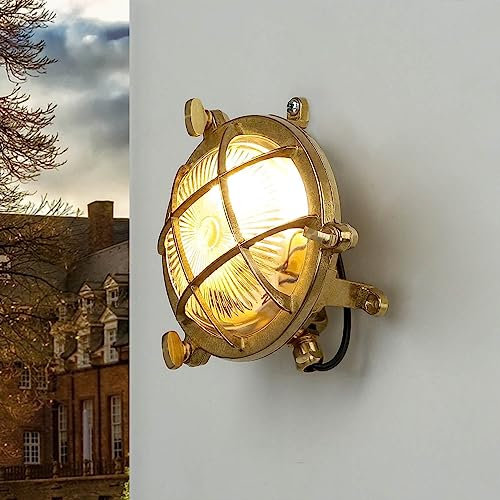 Licht-Erlebnisse Wandleuchte Außen aus Messing Glas IP44 Terrasse Garten Ø14 cm rund G9 Schiffsleuchte Maritime Wandaußenleuchte Balkon SERIFOS