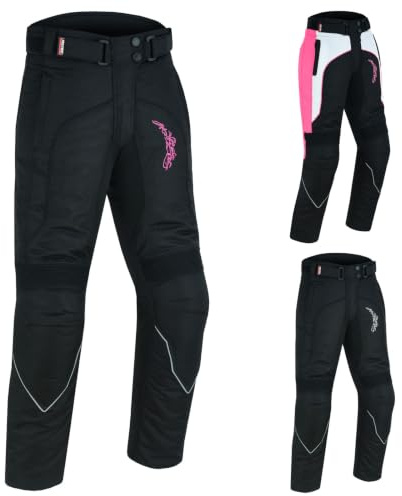 PROFIRST Textile Motorbike Motorcycle Ladies Trousers Waterproof CE Approved Armored Trouser Pant with Detachable Lining (32” Length) (Black with Pink Flower, S)