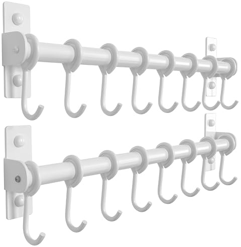 Dseap Kitchen Hooks for Hanging Utensils, Hanging Pot Rack, Kitchen Utensil Hanger Rail with 8 Hooks for Pots Pans, Spoons, Mugs, Wall Mounted, Stainless Steel, White, Pack of 2