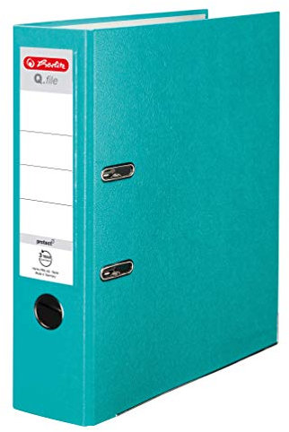 Herlitz® Q.File Ordner für Dokumente A4 | 8cm Rücken | Wendeschild | 2-Ring-Mechanik mit Druckleiste | Strapazierfähiger PP Folie beschichteter Beschläge | Türkis