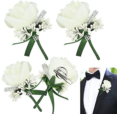 JUNMEIDO 4 PCS Rose Wedding Boutonniere White Boutonniere Handmade Corsage Buttonhole Flowers Artificial Wedding Prom Banquet Flowers Decor with Pin&Clip for Groom Men Bridal Women Suit Dress
