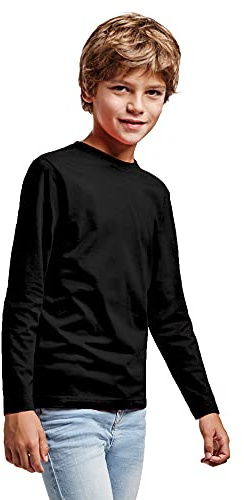 Camiseta de Colores Manga Larga 100% Algodón para niño – Camiseta Cuello Redondo Doble Elastano, cómoda, Suave, Lisa y Elegante (Negro, 3/4)