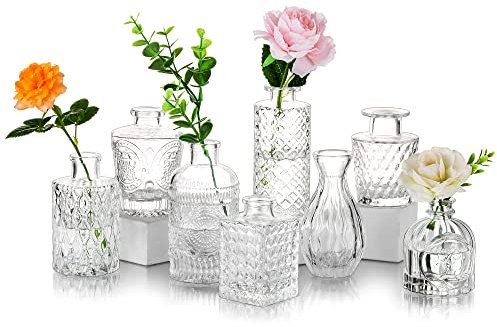 Glasseam Kleine Glasvase Tischdeko Vintage: 8er Vase Glas Klein Blumenvase Modern Deko Mini Vasen Set Schmale Tischvase Aesthetic Kristallvase Hochzeit Dekogläser Pampasgras Rose Baddekorationen