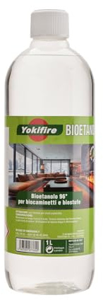 YOKIFIRE Bioetanolo Inodore – 1 Litro | Etanolo Biologico ad Alto Potere Calorifico per Camini e Stufe a Fiamma Libera | Puro, Tripla Raffinazione, Packaging Sostenibile