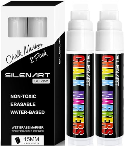 SILENART White Chalk Markers - 15mm Jumbo Tip Car Marker - Wide Thick Window Chalk Pen for Chalkboard, Window, Glass, Mirror, Blackboard