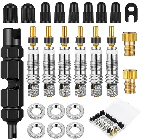 Lot de 24 valves françaises Presta Valve de vélo Sclaverand avec embout de gonflage, adaptateur de valve française, bouchons de valve, clés de valve pour vélos, VTT, remplacement du noyau de valve