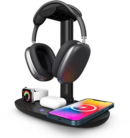 Annadue B15A Supporto per Cuffie 4 in 1 con Caricabatterie Rapido da 15 W, Supporto per Cuffie Staccabile, Supporto per Cuffie da Gioco da Scrivania Gancio Appendiabiti per Giochi da