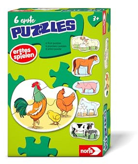 Noris 606012166 - 6 erste Puzzles: Bauernhoftiere (Puzzle ab 3 Jahre) - Kinderpuzzle mit 6 Tier-Motiven (je 2-5 große Teile), Spielzeug für Kleinkinder & Kinder