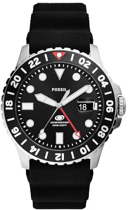 Fossil Blue uhr für Herren, GMT Uhrwerk mit Edelstahl- oder Lederarmband, Schwarz, 46MM