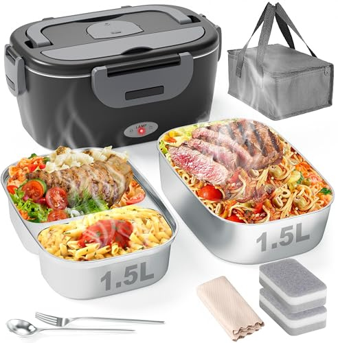 Geveniss Electric Lunch Box for Men, Women & Adults - 80W Fast Heating - Heated Lunch Box with Dual 1.5L SS Containers - Portable Food Warmer for Car, Truck, Office