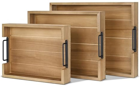 Flexzion Rustikales Serviertablettt, 3-teiliges stapelbares Serviertablett aus Tannenholz mit Griff, Frühstückstablett aus Holz, langlebiges verschachteltes Charcuterie-Tablett für