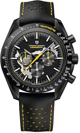 Pagani Design 1779 Luxus Herren Quarzuhr Mond Chronograph Skelett AR Synthetischer Saphir VK63 Uhrwerk Lederband Wasserdicht Sportuhr Full Schwarz