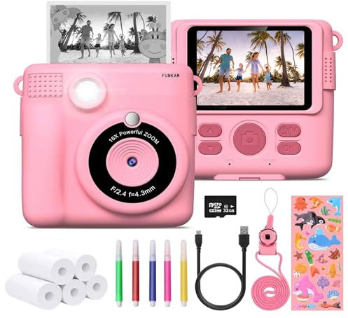 FUNKAM Appareil Photo Enfant Instantanée - 2,4 HD 1080P - avec Carte SD 32 GB, 5 Marqueurs, Autocollants, 5 Rouleaux de Papier, Pendentif. Appareil Photo Enfants et Filles de 3 à 14 Ans.
