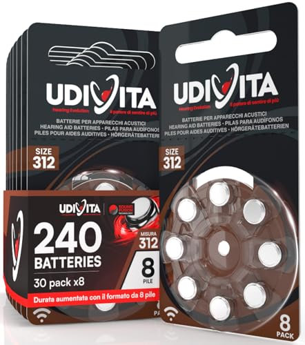 240 Batterie Per Apparecchi Acustici Auricolari Udivita Misura 312 PR41 (Marroni) Tecnologia Phono Pulse - 30 Blister da 8 Pile