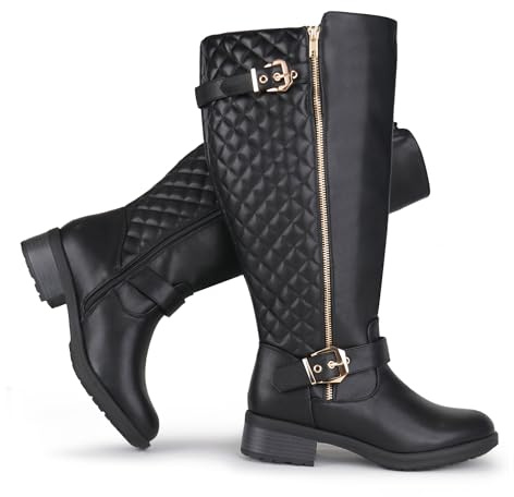 Chicblooms Damen-Reitstiefel mit extra breiter Wade, kniehoch, Retro-Doppelschnalle, schicker Stil, Herbststiefel, Schwarz PU, EU 40.5