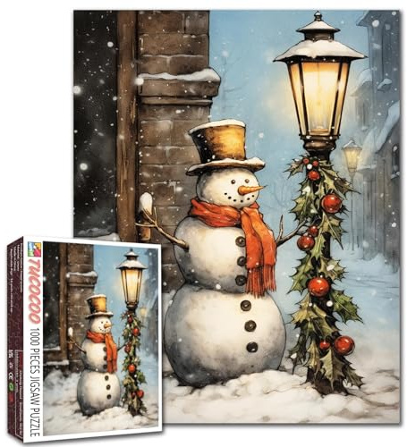 Tucocoo Casse-tête bonhomme de neige pour adultes de 1 000 pièces, scène de neige de Noël d'hiver, vieille lampe, puzzle coloré pour décoration de la maison, cadeaux, puzzle familial, parfait pour les