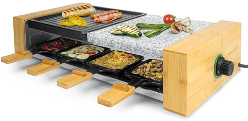 Korona 45090 Raclette Grill para 8 personas | Diseño de bambú | Con placas de parrilla divididas, piedra natural y revestimiento antiadherente | 1300 Vatios
