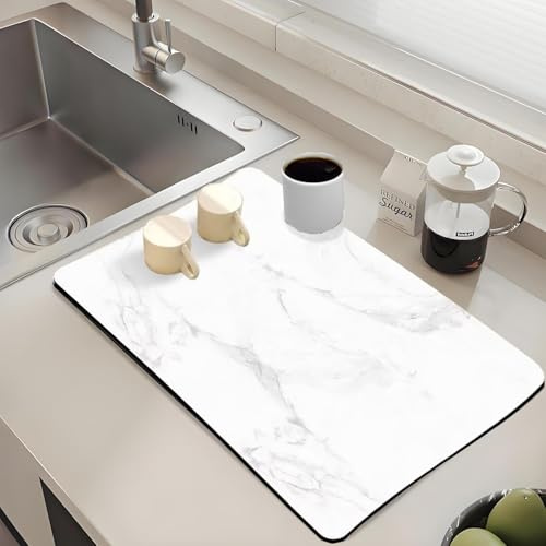 WLHFDC Tapis Egouttoir Vaisselle Absorbant 30 x 40 cm,Tapis Antidérapant Auto Sechant Machine a Cafe,Egouttoir Séchage Rapide pour Cuisine,Évier(Marbre Blanc)