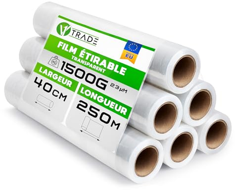 V1 Trade Film Etirable Demenagement - 6 Rouleaux Film Palette Transparent 40cm x 250m - Plastique Protection pour Colis et Meubles