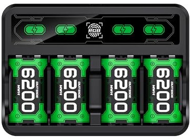 Controller Battery Pack for Xbox One/Xbox Series X|S,4x6200 mWh Rechargeable Battery Packs with Charging Dock/Cool RGB/Touch Control/USB & Type-C Charging, X-box Accessories Controller Charger