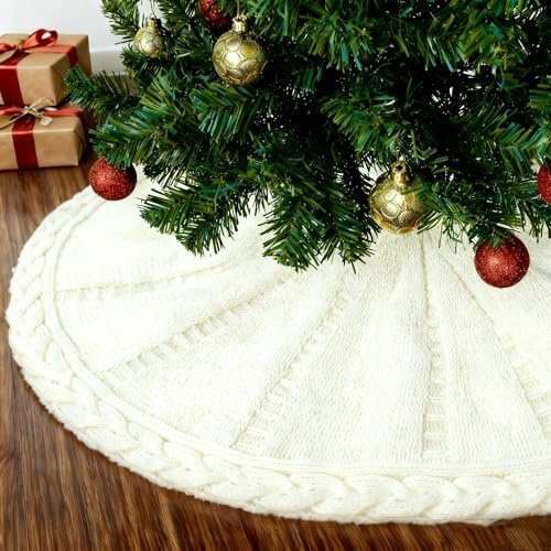 White Christmas Tree Skirt 24 Inch, Knitted Tree Skirt for 4Ft Pencil Tree, Vintage Thick Small Tree Skirt for Christmas Trees Decoration, Xmas Home Indoor Farmhouse Decorations