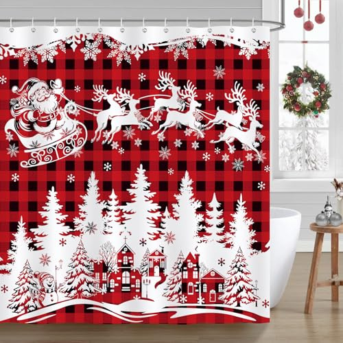 COZZSNUGE Tenda Doccia Natale, Tenda da Bagno Plaid Rosso Buffalo Babbo Natale Renna Villaggio Natalizio 180 x 180 cm Poliestere Impermeabile Antimuffa 12 Ganci