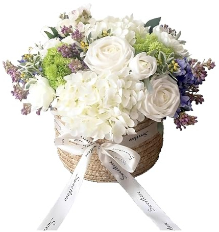 LMXRYPD Panier de Fleurs Artificielles D'Hortensia Rose Blanc, Composition Florale Réaliste dans Un Vase en Rotin pour la Décoration Intérieure, pour Anniversaire, Centre de Table, Fête de Mariage