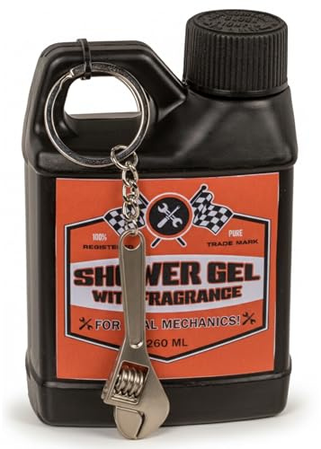 MIJOMA Gel doccia in tanica olio motore da 260 ml con portachiavi per attrezzi, fragranza fresca per uomini, gel doccia divertente per cacciaviti, meccanici, appassionati di auto, look strumento