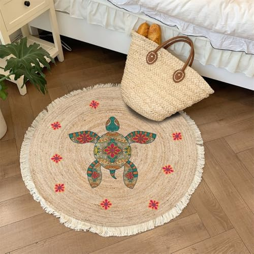 Aniyan Handgewebter Baumwollteppich Rund Boho Stil mit Fransen, Geflochtener Teppich Waschbar Faltbar, Weicher Teppich für Wohnzimmer Schlafzimmer Küche Flur (Ø 100cm,Muster F)