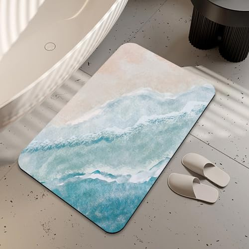 LUOENY Bath Mat Non Slip Backing Thin Beach Blue Bathroom Rug Fit Under Door Quick Dry Absorbent Bathroom Floor Mat Shower Rug for in Front of Bathtub Shower 75x43 cm