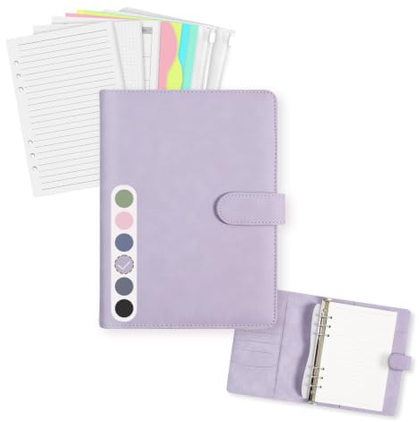 Nachfüllbares A5-Ringbuch, 165 Blatt, 6-Ring-Organizer mit PU-Einband | 76 linierte, 76 gepunktete und 13 Wochenplaner-Blätter mit Register-Trennblättern, Reißverschlusstaschen und Kartenfächern