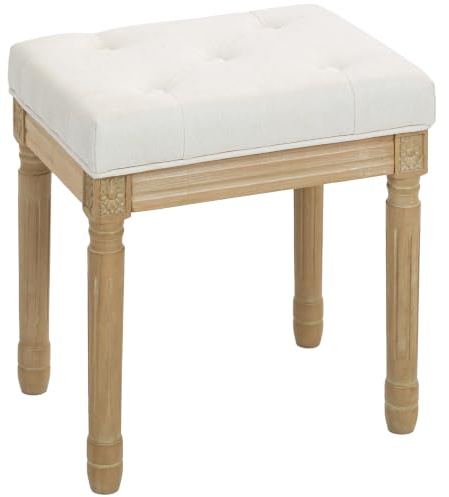 HOMCOM Leinen Sitzhocker Polsterbank Holzbeine 42 x 32 x 46,5 cm Beige | Fußbank mit Gepolstertem Sitz, Fußstütze, Wohnzimmer, Schlafzimmer