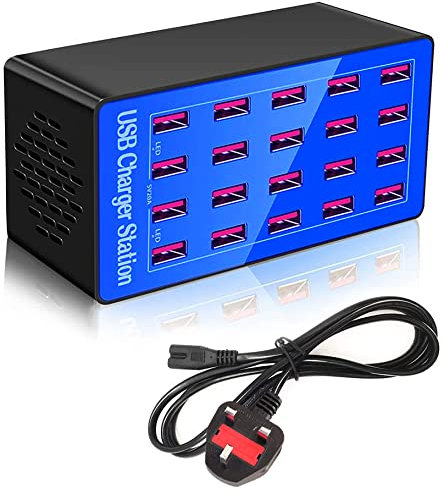 Balabaxer Blue USB Charger Station, 20-port 100W/20A multi-device USB charging station, is a versatile multi-port charger designed for smartphones, tablets, and various other devices.