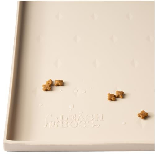 Leashboss Splash Mat Hundefuttermatte mit hoher Lippe, Hundenapfmatte für Futter und Wasser oder Brunnen, rutschfeste, wasserdichte Silikontierfuttermatte für Hunde und Katzen (64 x 43 cm, Beige)