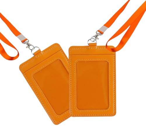 2 Stück Vertikaler PU-Leder Ausweishalter mit Umhängeband & 2 Kartenfächern, transparentes Fenster, Namensschildhalter für Zugangskarte, Visitenkreditkarte, Schularbeit, Namensschilder (Orange)