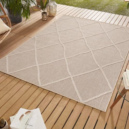 SIMPEX In & Outdoor Bouclé Teppich Läufer wetterfest Beige 80x150 cm Skandinavische Boho Design 3D Hoch Tief Effekt ideal für Flur Balkon oder Küche