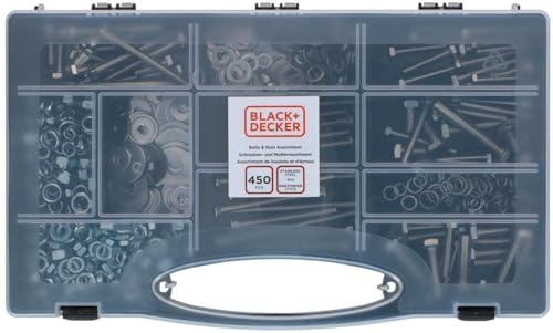 BLACK+DECKER Schrauben und Muttern Sortiment 450 Stück - Set mit Werkzeugkoffer - Verschiedene Arten/Größen - Edelstahl - Silber