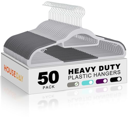 HOUSE DAY Plastic Hangers 50 Pack, Grey Plastic Clothes Hangers Non Slip with Rubber Grip, Heavy Duty Hanger with 360° Swivel Metal Hook, Ultra Thin Hangers Space Saving for Closet Organizer