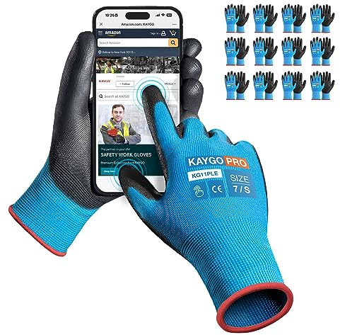 KAYGO 12 paia di guanti da lavoro touchscreen per uomo e donna, guanti protettivi rivestiti in PU, impugnatura antiscivolo su palmi e dita, adatti per lavori generici (Blu, S, taglia 7)
