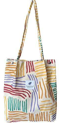 KEYRI Groß Umhängetasche Cord Tasche Damen Shopper Tote Bag Handtasche Schultertaschen Ultraleicht Umhängetasche Bunt Gestreift Einkauftasche Fashion Stofftasche für Alltag Arbeit Büro Schule (Farbe)